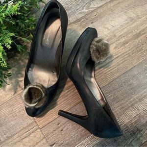 CARISMA Black Matte Leather Heels with Fur Toe Detail, Made in Italy